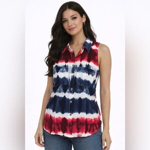 Rock & Republic Tie Dye Sleeveless Button Up Top Red White Blue Americana NWT